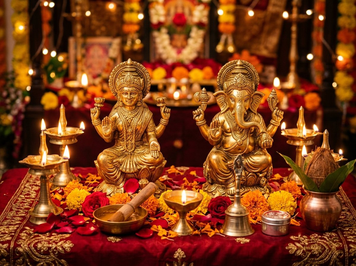 लक्ष्मी गणेश मूर्ति एवं दीपक